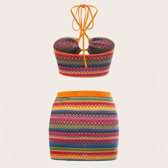 Rainbow Striped Knit Tie Backless Crop Halter Top & Skirt, US Size M, 6 - Picture 4 of 4